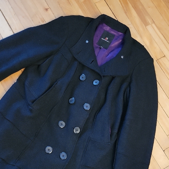 Laura Plus Elegant Black Double-Breasted Pea Coat 50% Wool - Picture 2 of 15